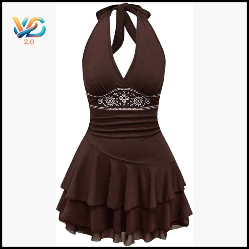Summer Halter Backless Mini Dress Flowy Sleeveless V Neck Tie Back